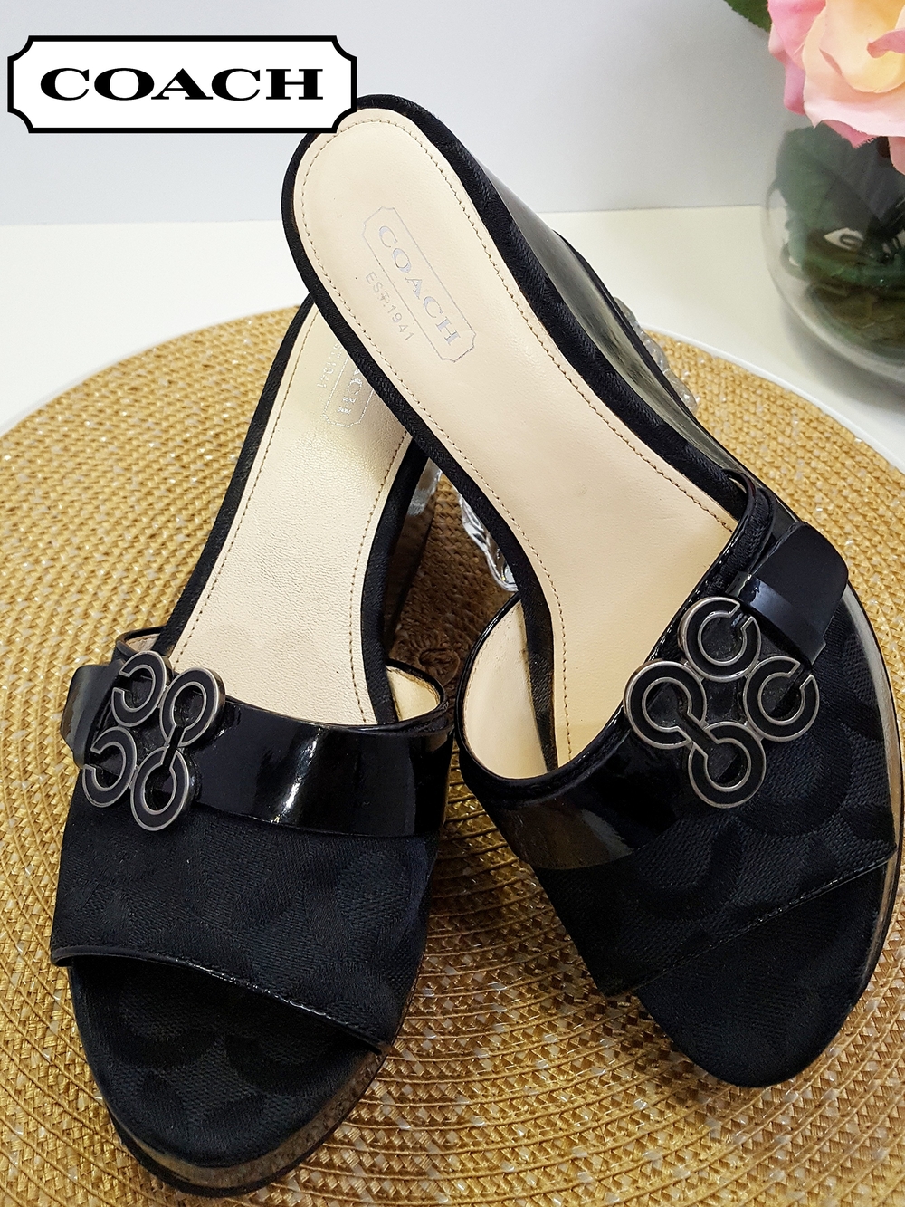 Vintage Y2K Coach GERI Black Signature Monogram CanvasWedge Slide Sandal
